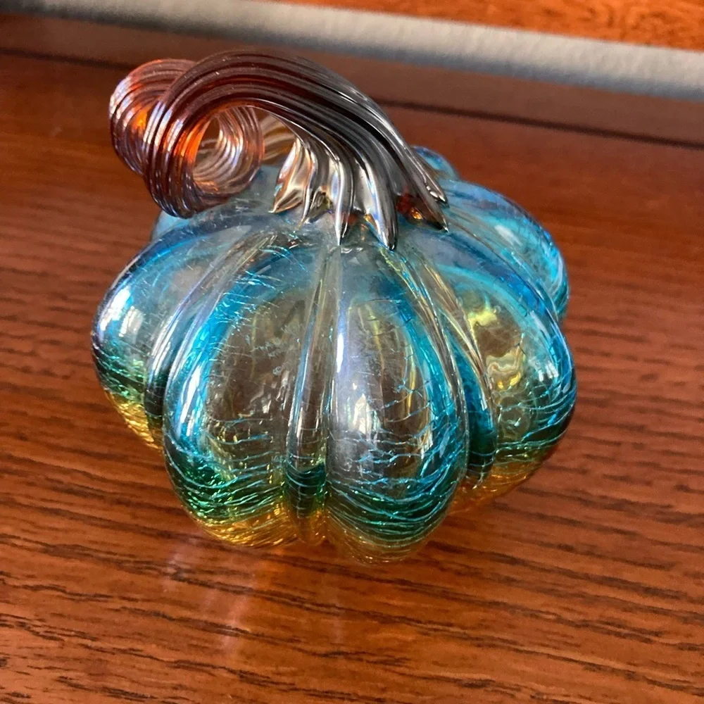 Art Glass Pumpkin Pier One hand blown Thanksgiving 5 1/2”